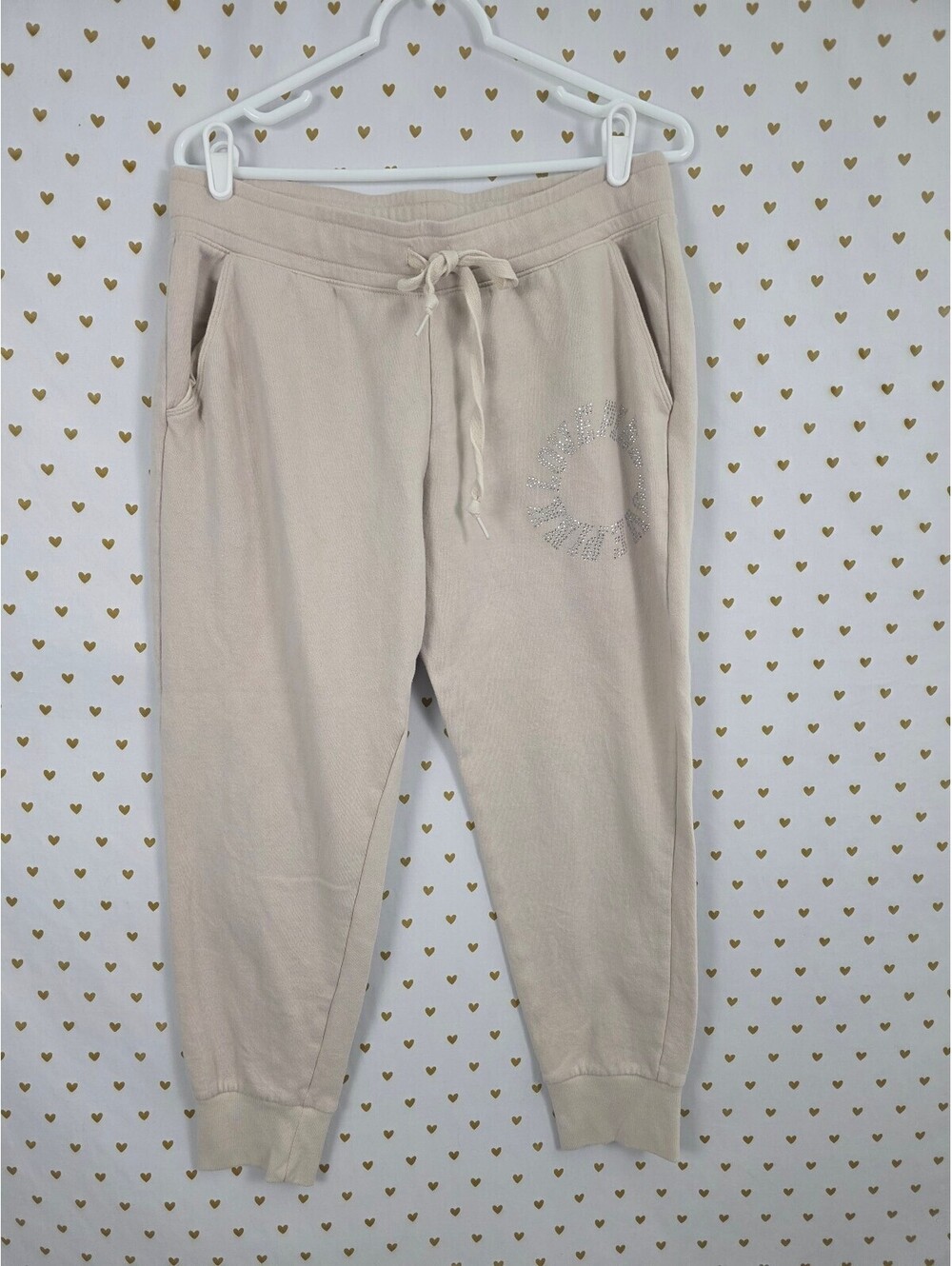 Victorias Secret PINK Bling Studded Logo Sweats Tapered Beige Large